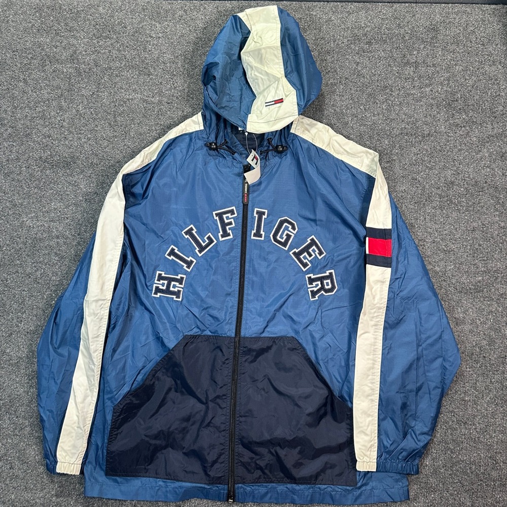 NWT Tommy Hilfiger Jeans Mens Size XXL Blue Colorblock Hooded Windbreaker Jacket